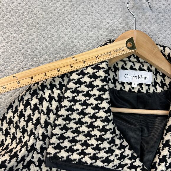 Calvin Klein Womens Houndstooth Coat Wool Blend Black Ivory Zipped Jacket Sz 8 - Picture 13 of 16